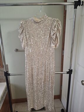 H&M Gold Sequin Midi Dress with Puff Sleeves
